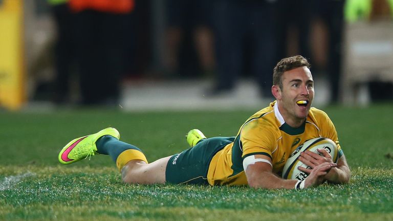 Nic White of the Wallabies celebrates as he scored a try during The Rugby Championship match against New Zealand