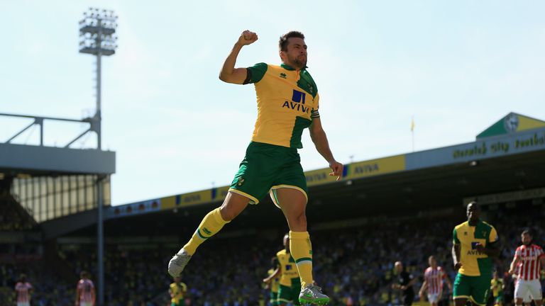 Norwich City's Russel Martin celebrates scoring against Stoke
