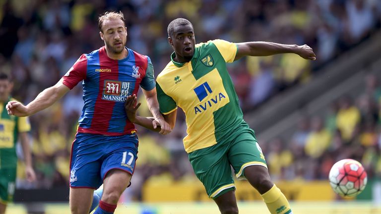Norwich City's Sebastien Bassong Glenn Murray of Palace fight for possession