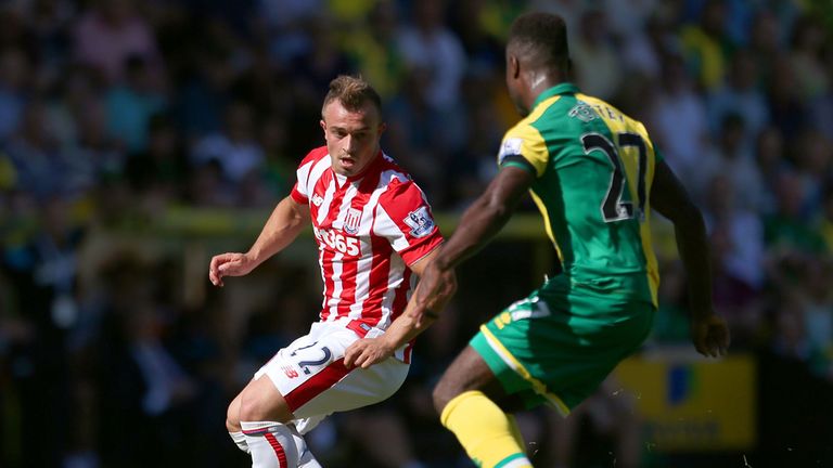 Stoke Xherdan Shaqiri (left) in action against Norwich