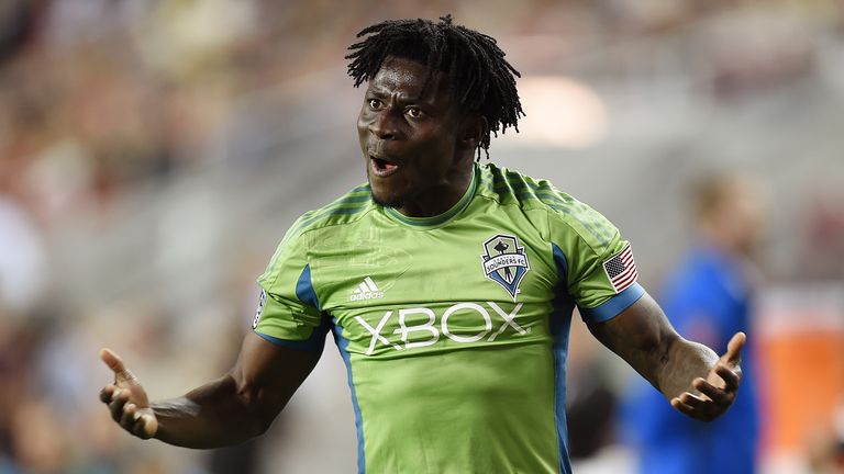 Obafemi Martins #9 of the Seattle Sounders FC reacts to a call against him during an MLS Soccer game against the San Jose Earthquakes