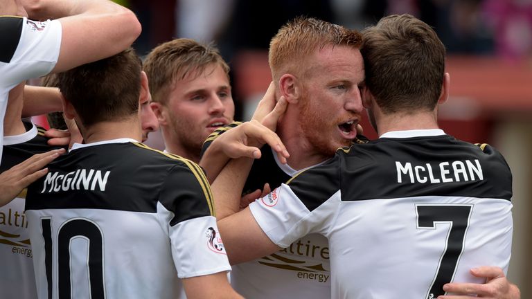 Adam Rooney (second right) set Aberdeen on their way to a fifth league win in a row