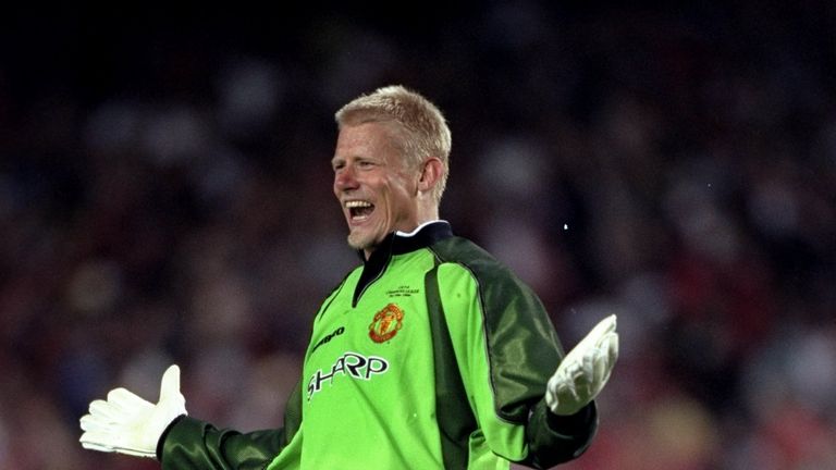 26 May 1999:  Peter Schmeichel of Manchester United celebrates victory over Bayern Munich in the European Champions League Final in the Nou Camp Stadium, B