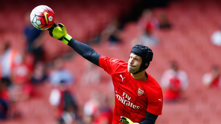 Petr Cech warms up before making his Premier League debut for Arsenal