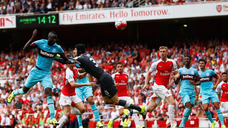 Petr Cech is beaten to the ball as Cheikhou Kouyate scores West Ham's opening goal at the Emirates