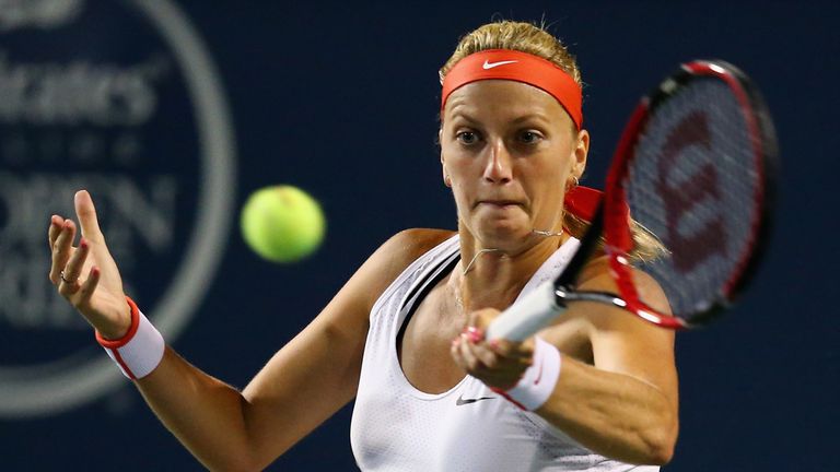 NEW HAVEN, CT - AUGUST 26:  Petra Kvitova of Czech Republic returns a forehand to Madison Keys on Day 3 of the Connecticut Open