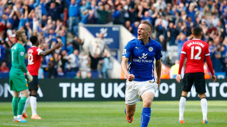 Jamie Vardy celebrates after scoring his team's fourth goal against Manchester United