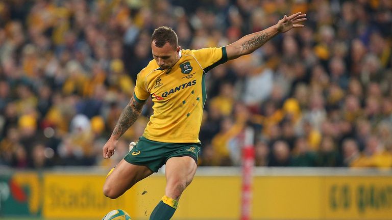 Quade Cooper kicks during the Rugby Championship match between the Wallabies and the Springboks at Suncorp Stadium