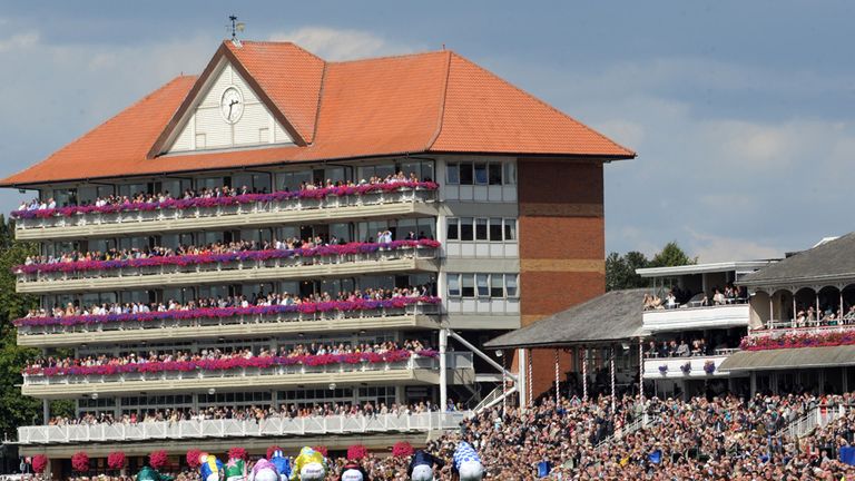 Riders in the Irish Thoroughbred Marketing Stakes make their way past the grandstands at York Racecourse