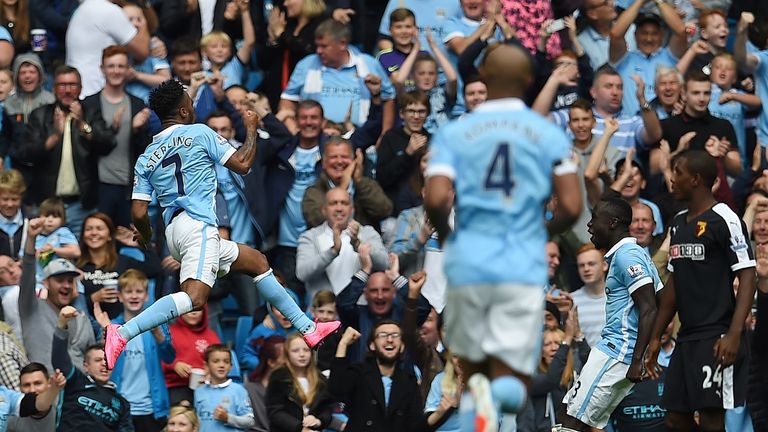 Manchester City's Raheem Sterling celebrates after scoring his team's first goal against Watford