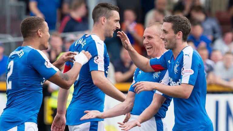 Rangers' Kenny Miller (second from right) celebrates his second goal of the match 