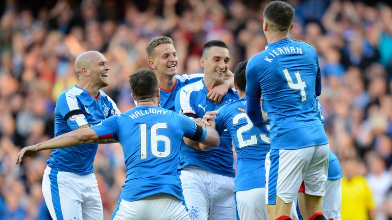 Nicky Law (left) celebrates with his Rangers team-mates against St Mirren.