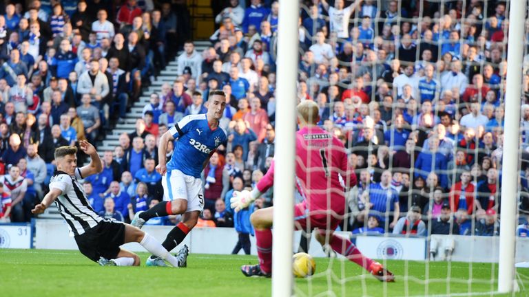 Captain Lee Wallace score his and Rangers' second goal against St Mirren in their Scottish Championship fixture
