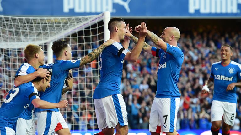 Rangers' Lee Wallace (second from right) celebrates having scored a brace 