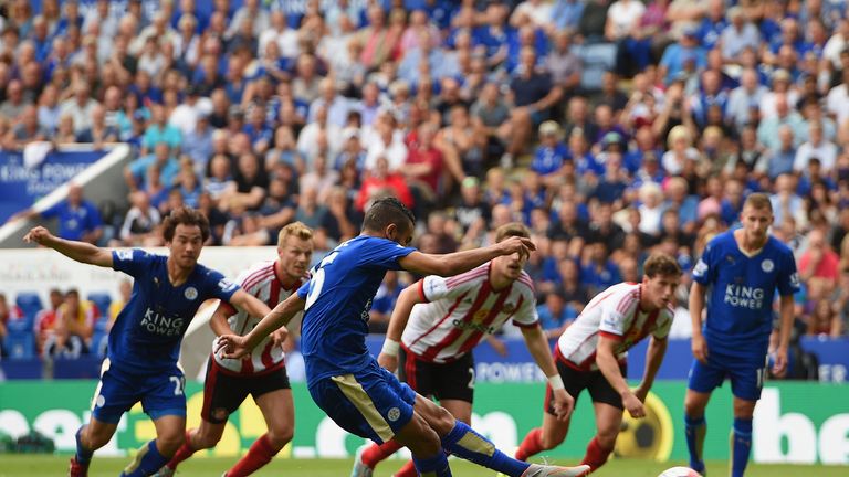 Riyad Mahrez scores his second goal and Leicester's third from the penalty spot against Sunderland