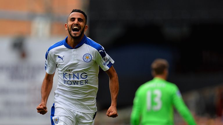 Riyad Mahrez of Leicester City celebrates scoring his team's second goal against West Ham