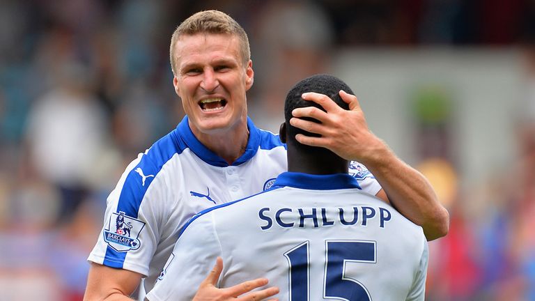 Robert Huth and Jeff Schlupp of Leicester City celebrate 