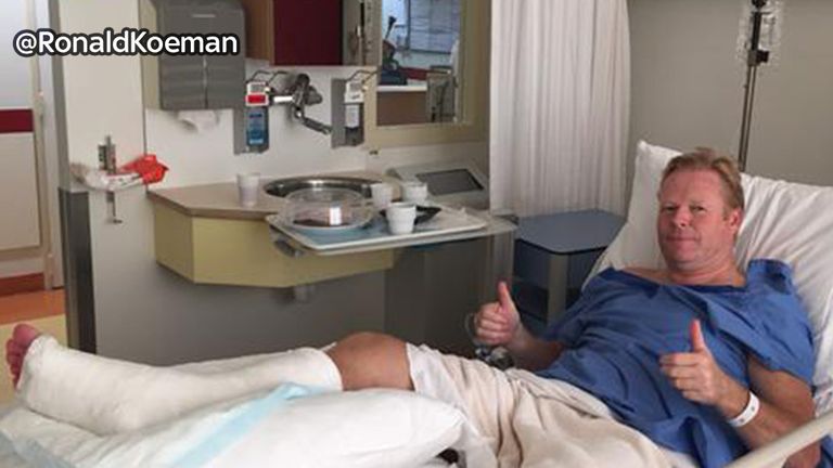 Ronald Koeman gives the thumbs up from his hospital bed