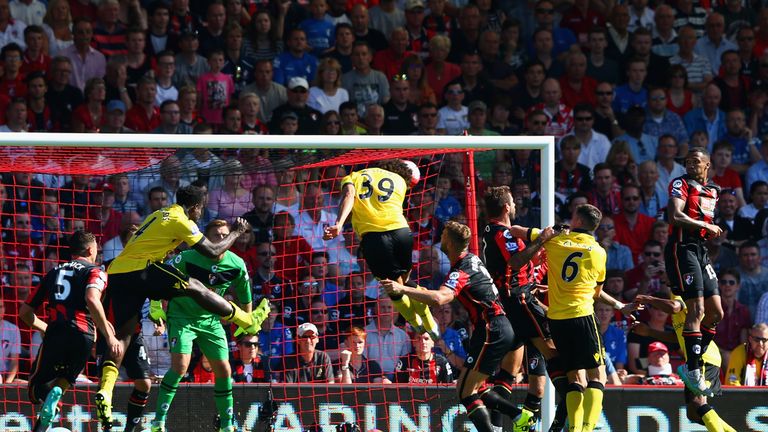Rudy Gestede (C) puts Aston Villa ahead against Bournemouth in the 72nd minute