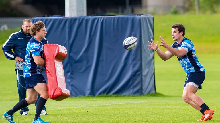 Scotland's John Hardie (right) is put through his paces at training 