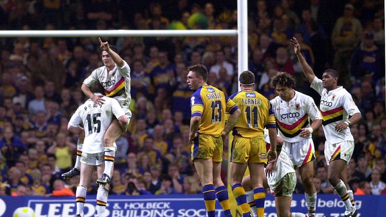Bradford Bulls players celebrate after their 2003 Challenge Cup final victory over Leeds Rhinos