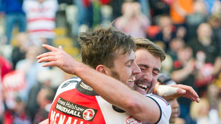 Greg McNally of Leigh is congratulated after scoring