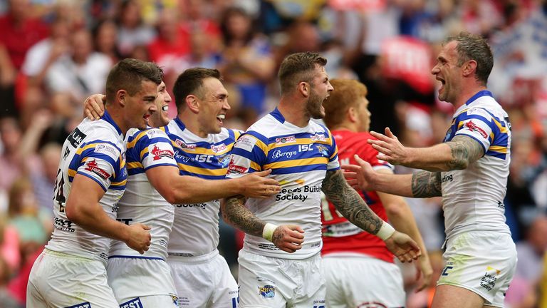 Leeds Rhinos celebrate after scoring a try  during the Ladbrokes Challenge Cup Final against Hull KR at Wembley