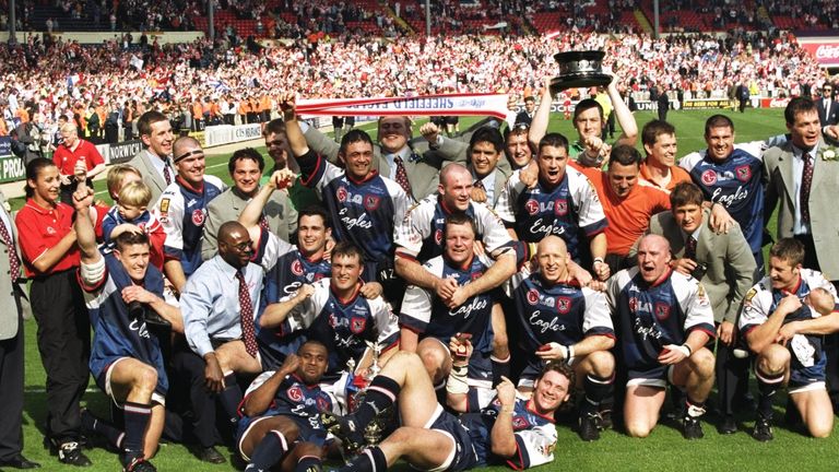 The Sheffield Eagles celebrate their Challenge Cup victory over Wigan Warriors at Wembley Stadium in 1998