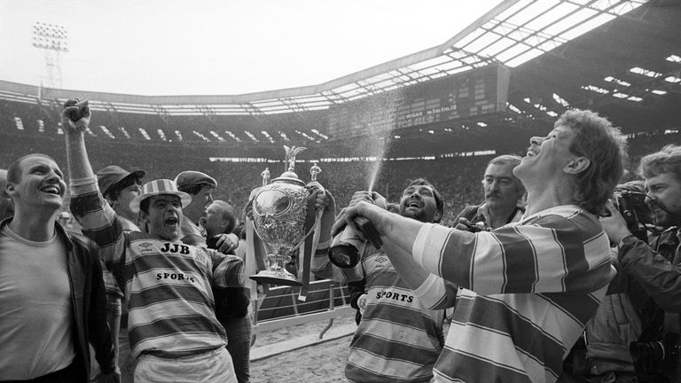 Wigan players celebrate their Challenge Cup final win over Hull 1985