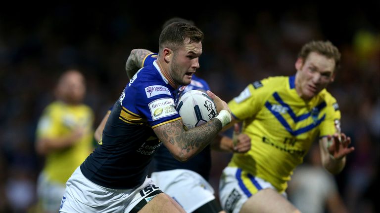 Leeds Rhino's Zak Hardaker breaks away to score a try against Warrington