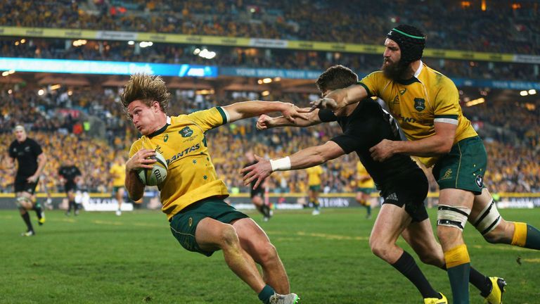 Michael Hooper runs the ball during The Rugby Championship match between Australia and New Zealand