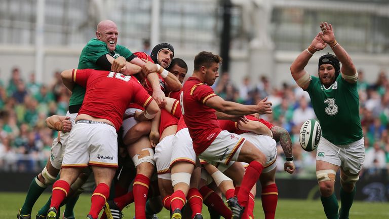 Paul O'Connell watches on as Sean O'Brien attempts to block down Rhys Webb's box kick