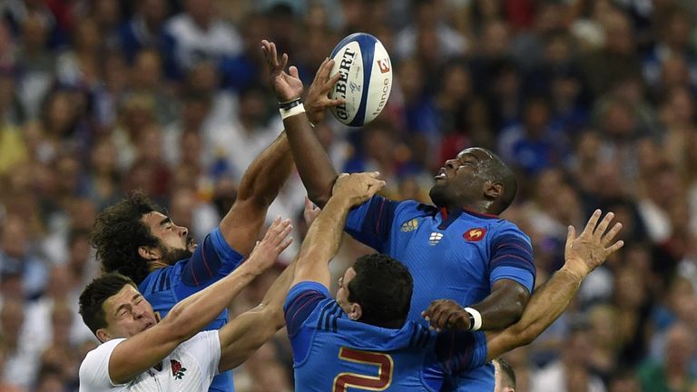 (LtoR) England's Ben Youngs, France winger Yoann Huget, hooker Guilhem Guirado and prop Eddy Ben Arous fight for the ball
