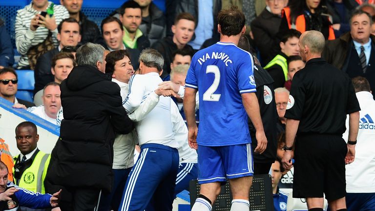 Chelsea coach Rui Faria is restrained during Chelsea's defeat by Sunderland in April 2014