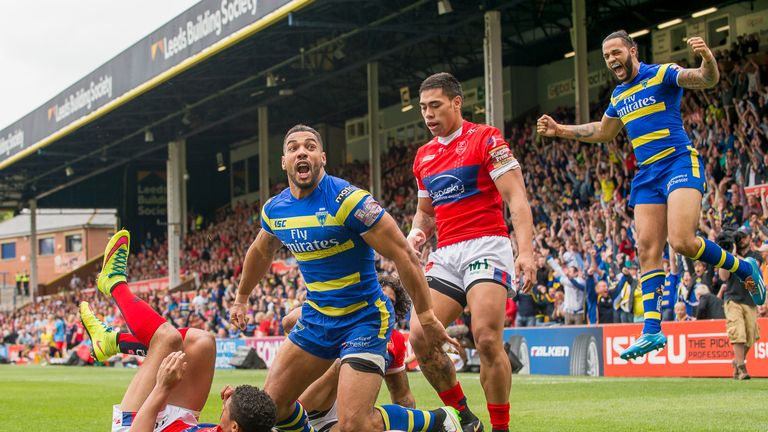 Warrington's Ryan Atkins celebrates scoring against Hull KR in the Challenge Cup semi-final