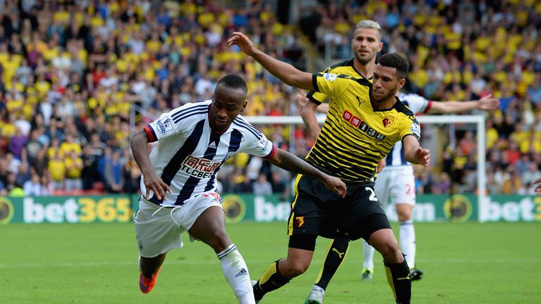 West Brom's Saido Berahino (left), seen competing with Watford's Etienne Capoue (right), had the best chance of the match in the closing stage