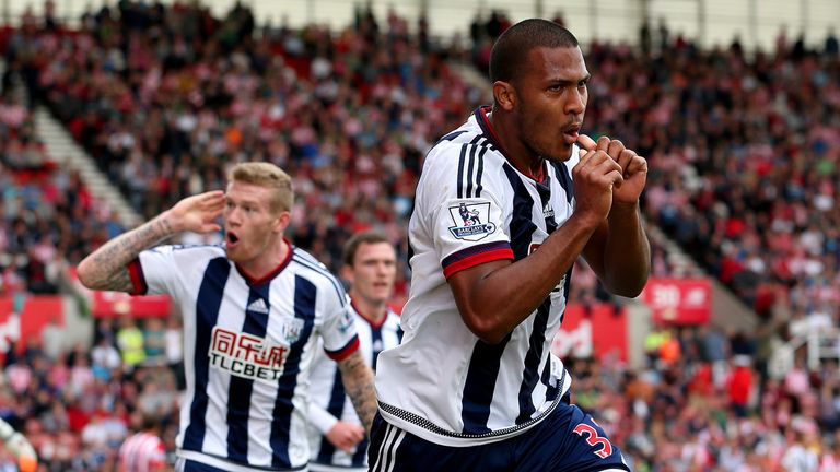 Salomon Rondon of West Brom celebrates scoring his team's first goal against Stoke