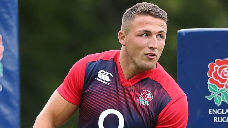 BAGSHOT, ENGLAND - AUGUST 10: Sam Burgess runs with the ball during the England training session held at Pennyhill Park on August 10, 2015 in Bagshot, Engl