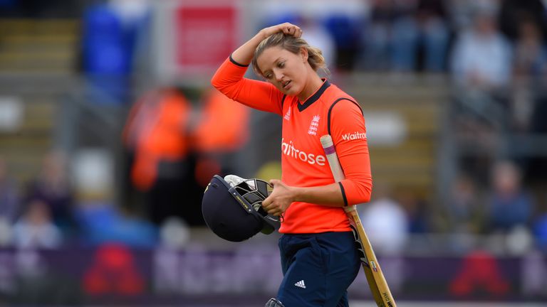 England batsman Sarah Taylor reacts after being dismissed during the 3rd NatWest T20 of the Women's Ashes Series v Australia