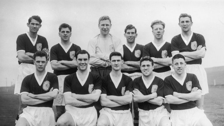 The Scotland football team set to take part in the World Cup in Sweden, 13th May 1958. From left to right, (back row) John Davidson Hewie, Eric Caldow, Tho