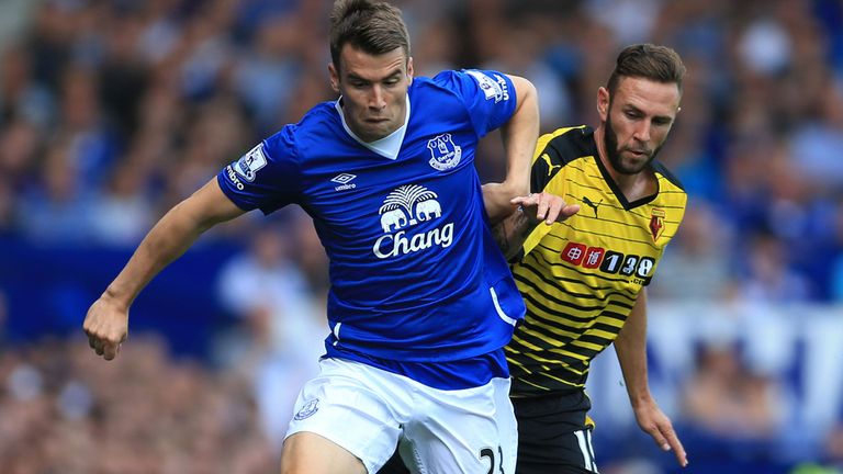 Everton's Seamus Coleman and Watford's Miguel Layun battle for the ball