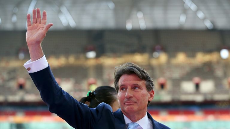 Sebastian Coe acknowledges the crowd at the World Championships in Beijing