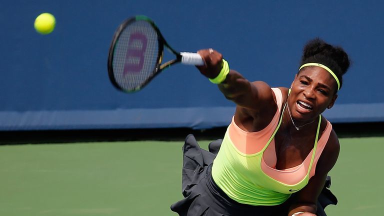 Serena Williams serves to Tsvetana Pironkova of Bulgaria during the Western & Southern Open in Cincinnati