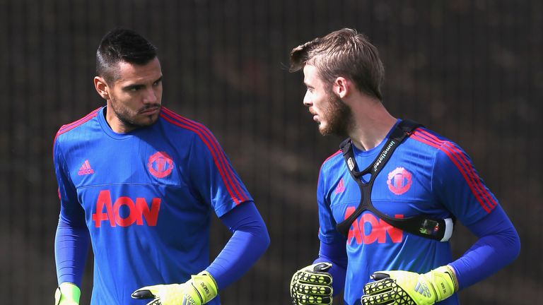 Sergio Romero and David de Gea of Manchester United in action during a first team training session