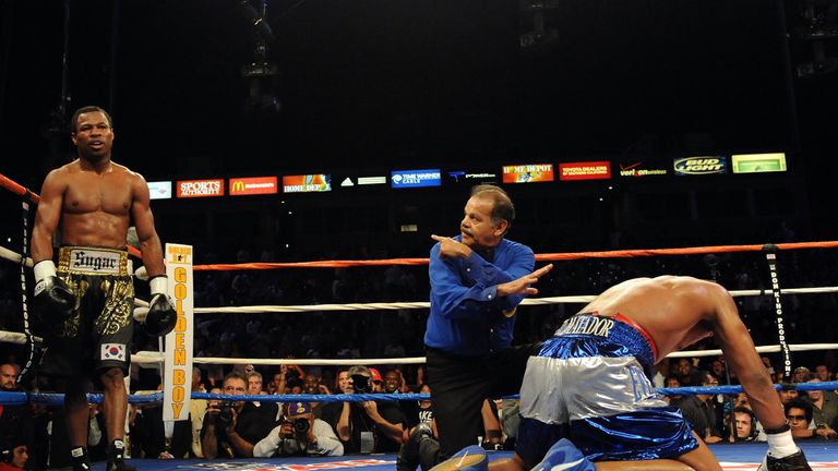 CARSON, CA - SEPTEMBER 27:  Shane Mosley waits in the corner as the referee gives a ten count to  Ricardo Mayorga of Nicaragua in the 12th round during the
