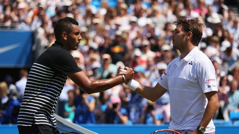 Stan Wawrinka (right), pictured here shaking hands with Nick Kyrgios (left) at the Aegon Championships in June, hopes the ATP acts against the Australian