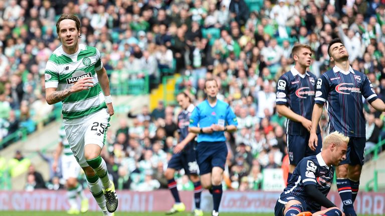 Celtic's Stefan Johansen celebrates his goal against Ross County