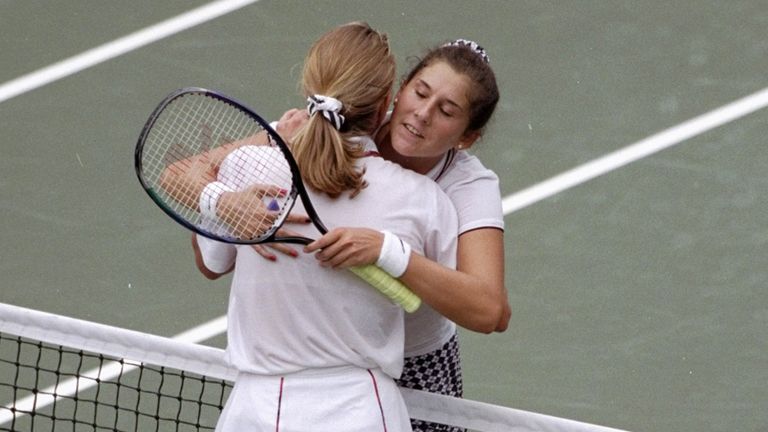 9 Sep 1995:  Steffi Graf of Germany hugs Monica Seles of the USA after the Womens Singles Final match during the 1995 US Open Tournament played at Flushing
