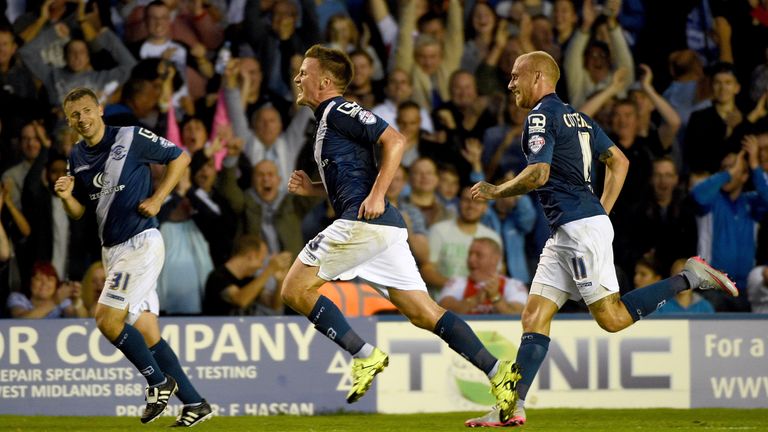 Stephen Gleeson of Birmingham celebrates after scoring the opening goal against Derby