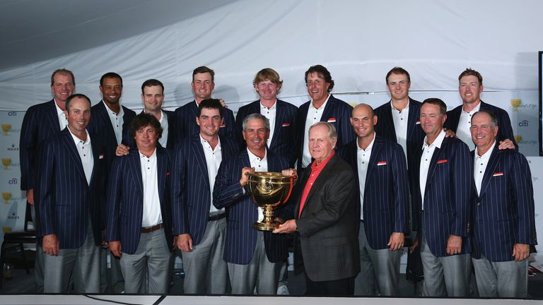 DUBLIN, OH - OCTOBER 06:  U.S. Team members (back row, L-R) Steve Stricker, Tiger Woods, Zach Johnson, Webb Simpson, Brandt Snedeker, Phil Mickelson, Jorda